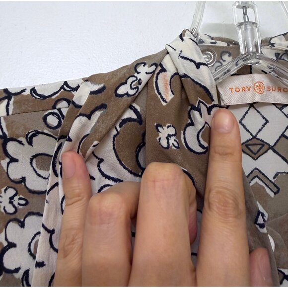 Tory Burch Wheat Nocturne Print Silk Blouse Top Floral Taupe White Bow Tie 4 - Picture 5 of 16